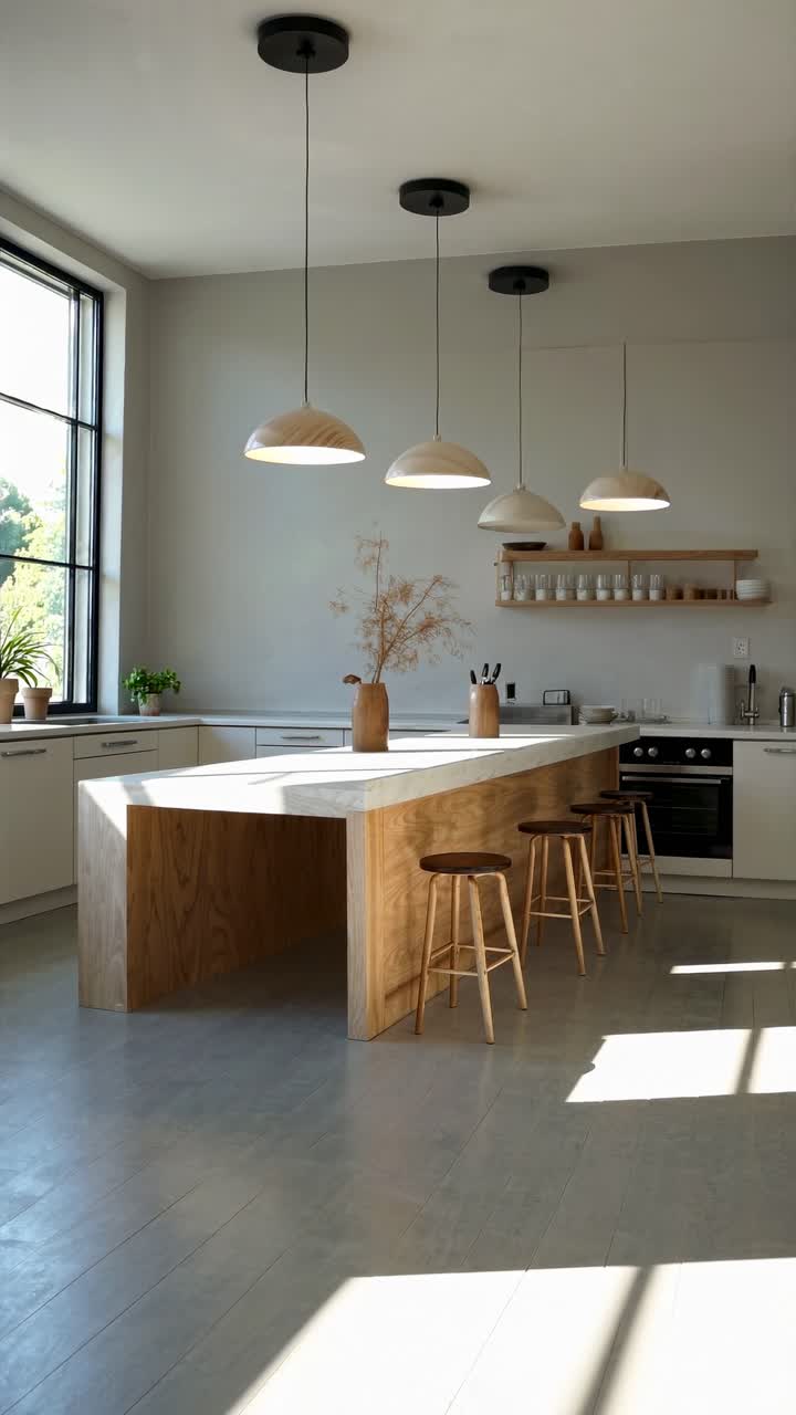 Cocina moderna con diseño minimalista, isla de madera y taburetes de bar