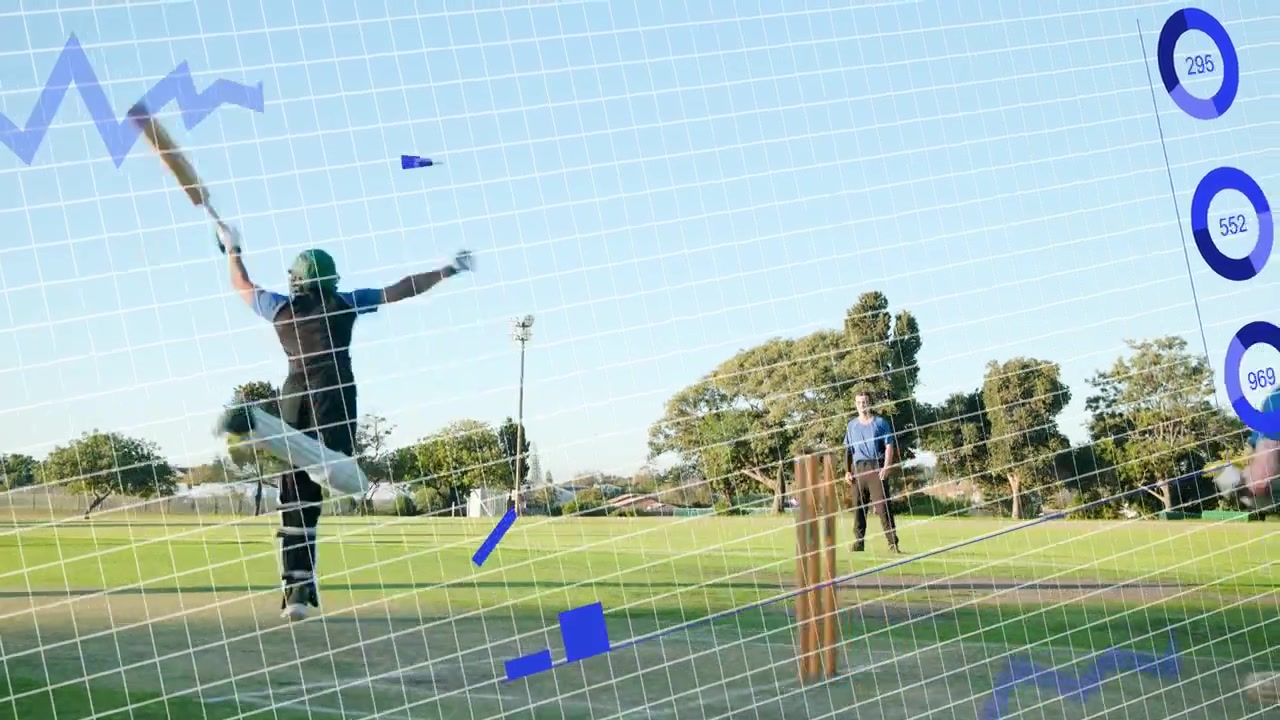 On-strike batsman holding bat as bowler delivering, swinging to score, sports HUD tracking metrics