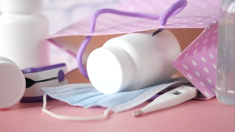 medical supplies and protective gear in a gift bag