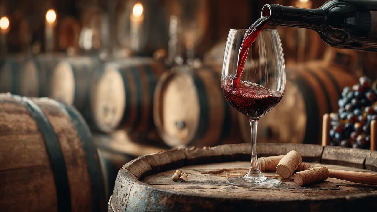 Uma cena cativante: vinho tinto encorpado sendo servido em uma taça com vista para barris rústicos em um ambiente acolhedor de vinícola