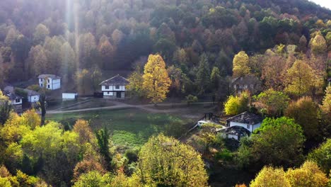 Sunlight-over-autumn-forest-scene-rustic-village-drone-flight-Bulgaria