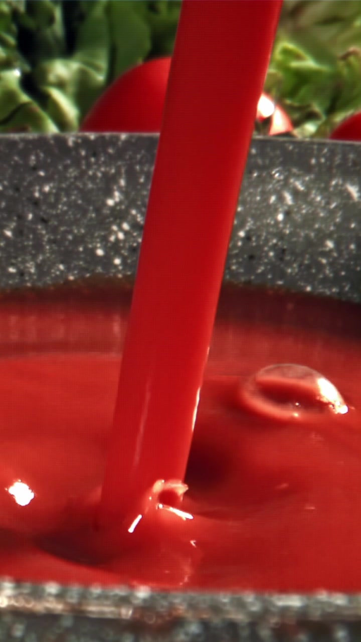 Versamento al rallentatore di salsa di pomodoro fresca in un contenitore