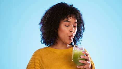 green juice, happy woman drinking