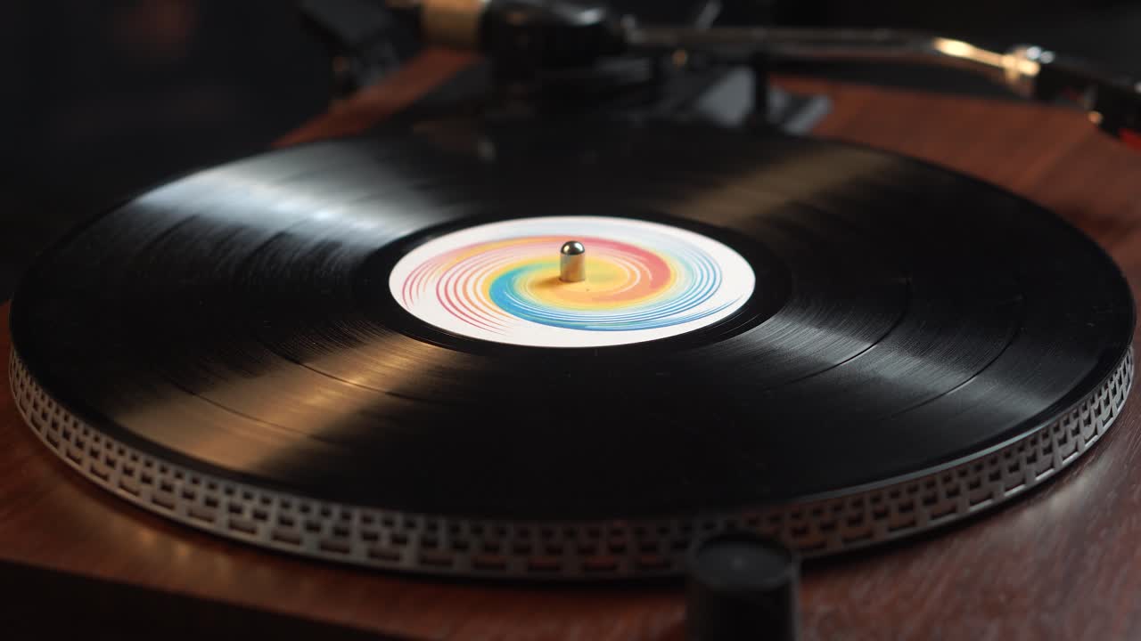 Finishing Playback of Long Play Vinyl Record on Vintage Turntable, Close Up
