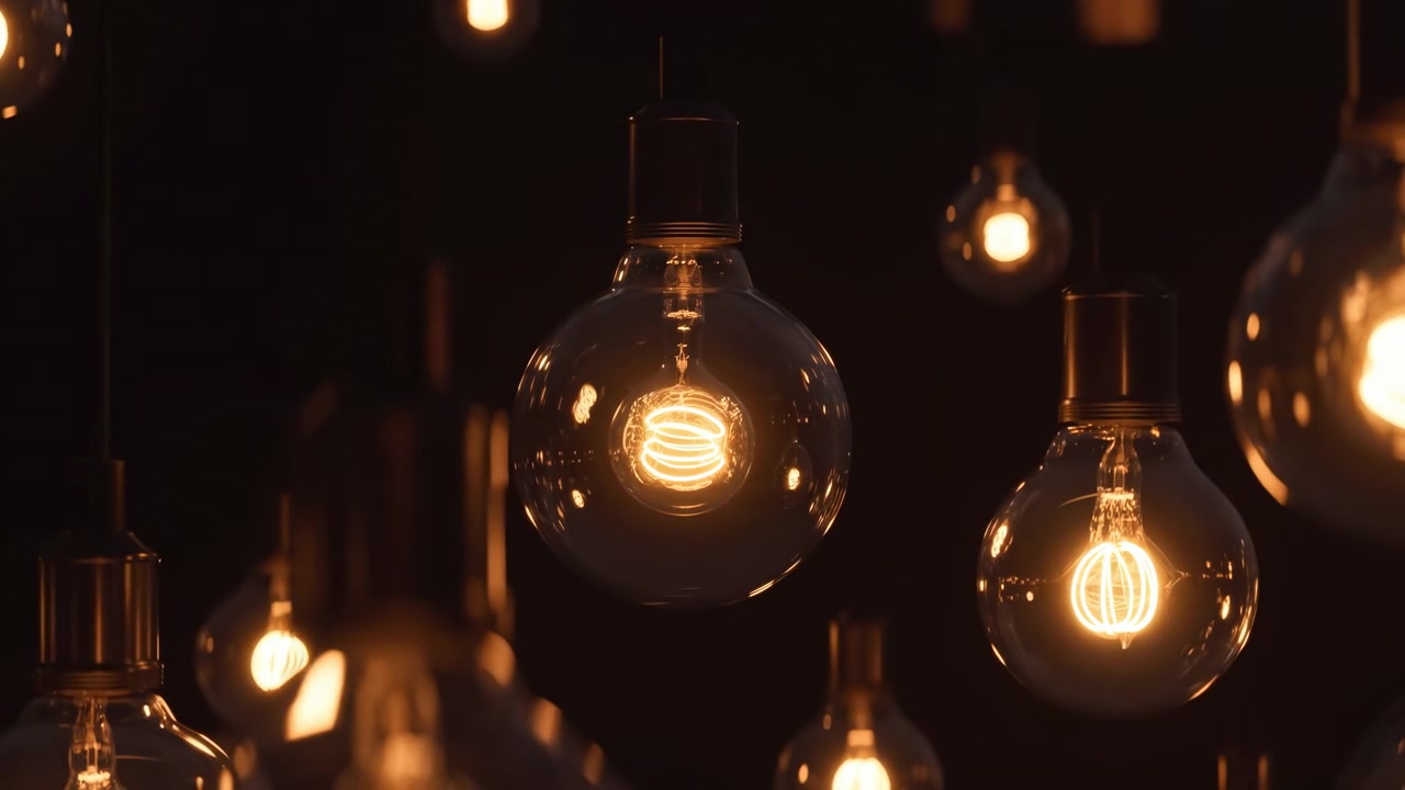 Un primo piano statico di lampadine pendenti illuminate e incandescenti su uno sfondo scuro, che mostra l'uso di materiali in vetro e metallo in un contesto di interior design.