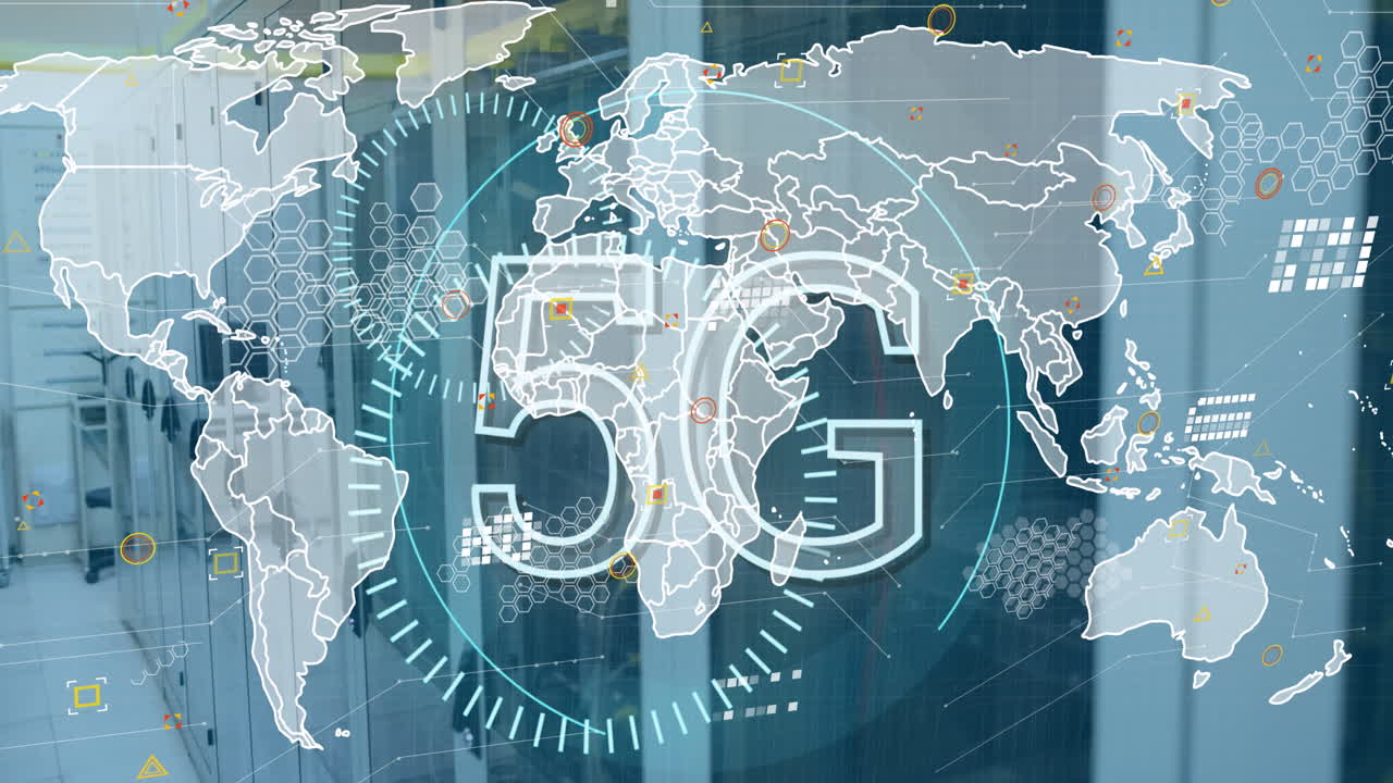 둥근 스캐너 위에 5g 텍스트 배너의 애니메이션과 컴퓨터 서버 에 대한 세계 지도