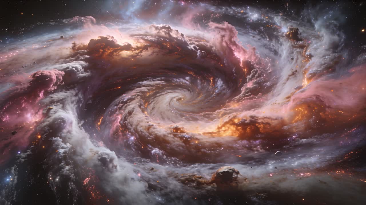 Roterende spiralnebulosa, der skifter filamenter og lysnende knuder i rummet, drevet af indre bevægelse