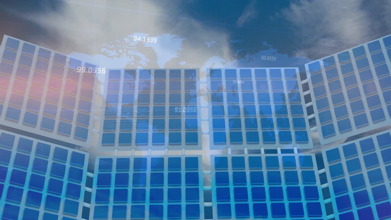세계 지도와 태양 패널 위에 숫자를 가진 금융 데이터 처리의 애니메이션
