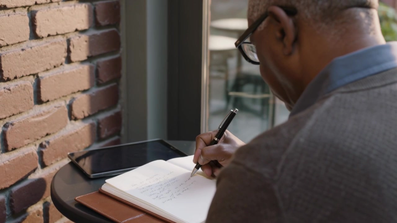 Seeing open notebook, senior man in knit sweater writing notes at cafe, with tablet, copy space