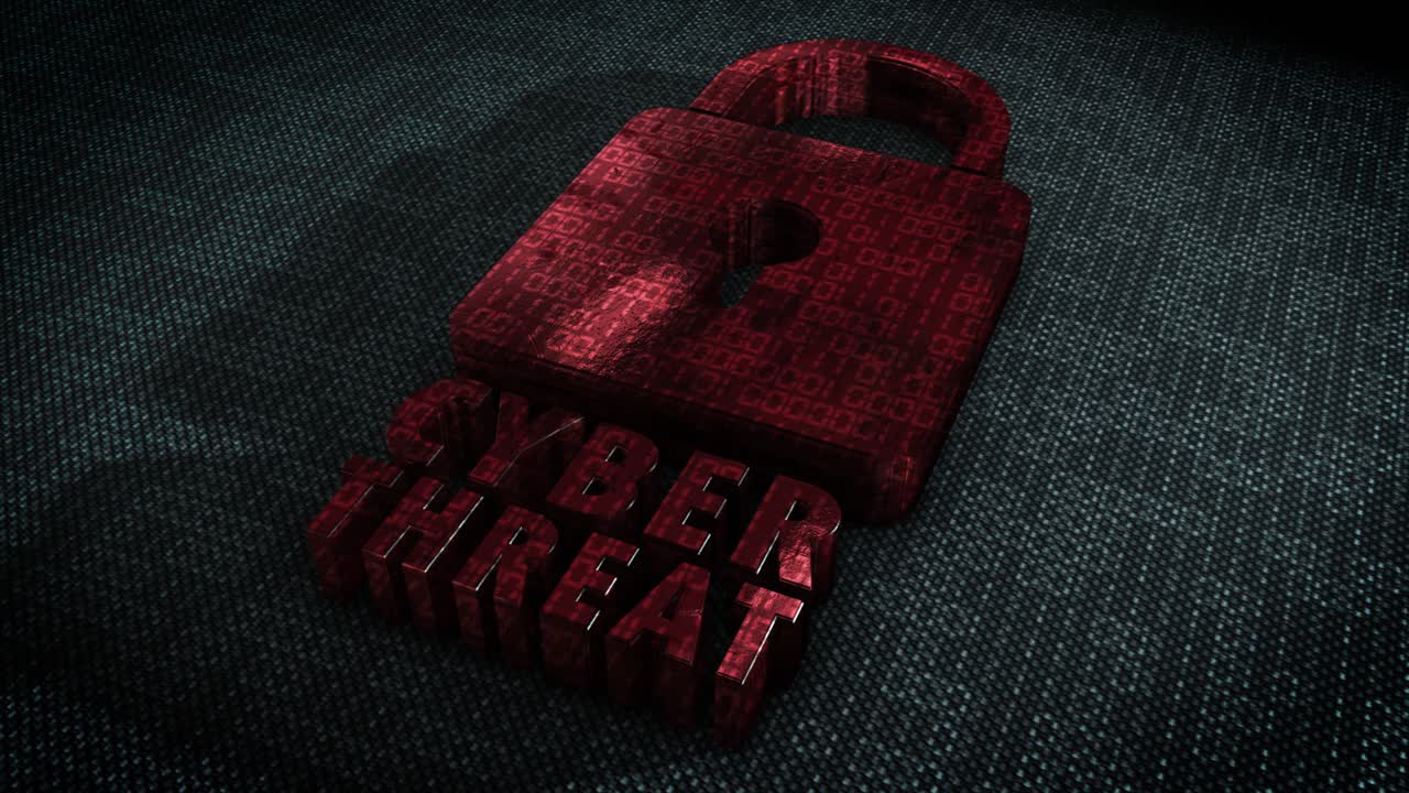 elegante y hiper realista 3d cgi renderización de un bloqueo de seguridad del sistema estilizado en una superficie hitech cubierta con código binario animado con el mensaje amenaza cibernética en rojo metálico