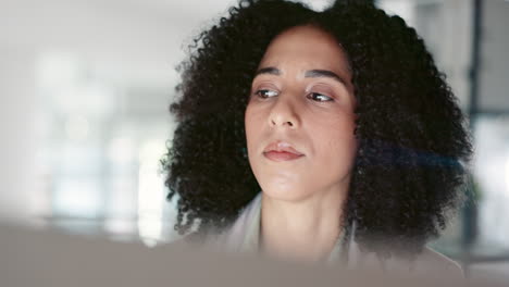 face, thinking and business woman in office