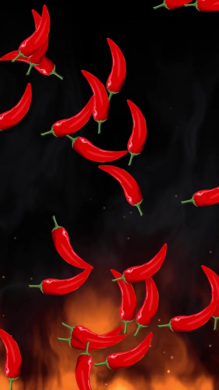 Animazione verticale di peperoncini rossi che cadono attraverso il fumo sopra fiamme luminose su sfondo nero