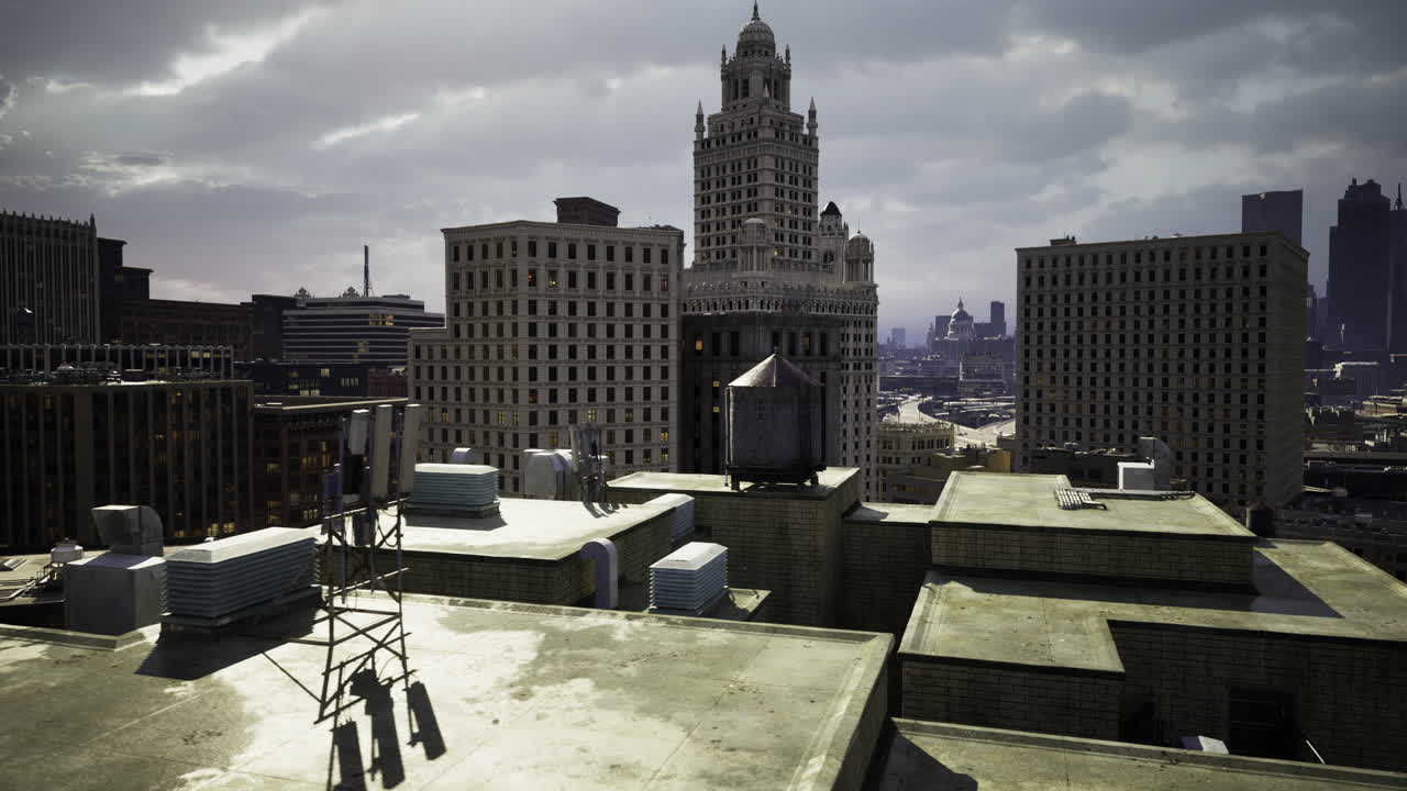 Rooftop view of urban architecture and skyline at sunset in city