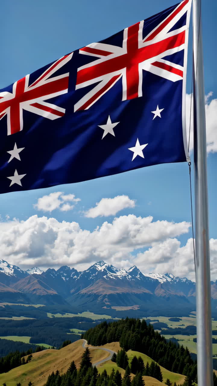 New Zealand Flag over Scenic Mountains