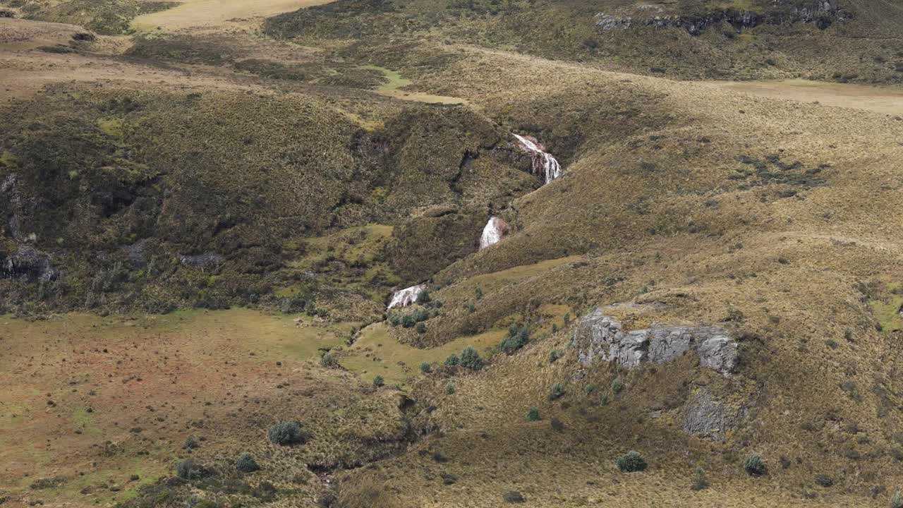 vista aérea de una cascada en las montañas chimborazo, ecuador, con un paisaje escarpado, panorama general