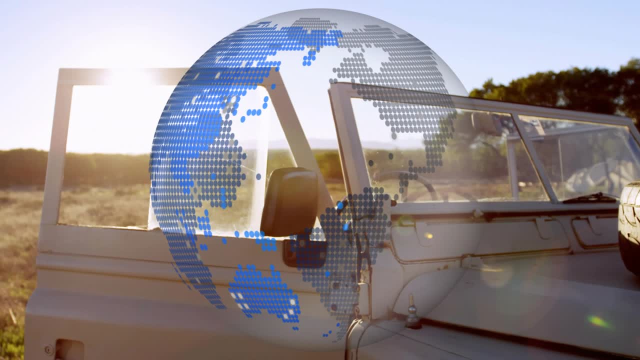 Globe appearing over fender initiating camera pan, door opening, sun warming metal for travel