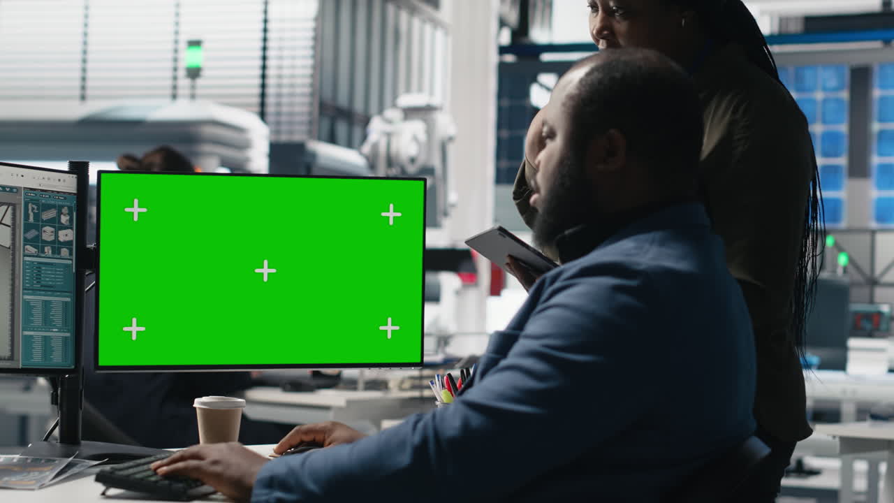 People working on a computer with a green screen monitor