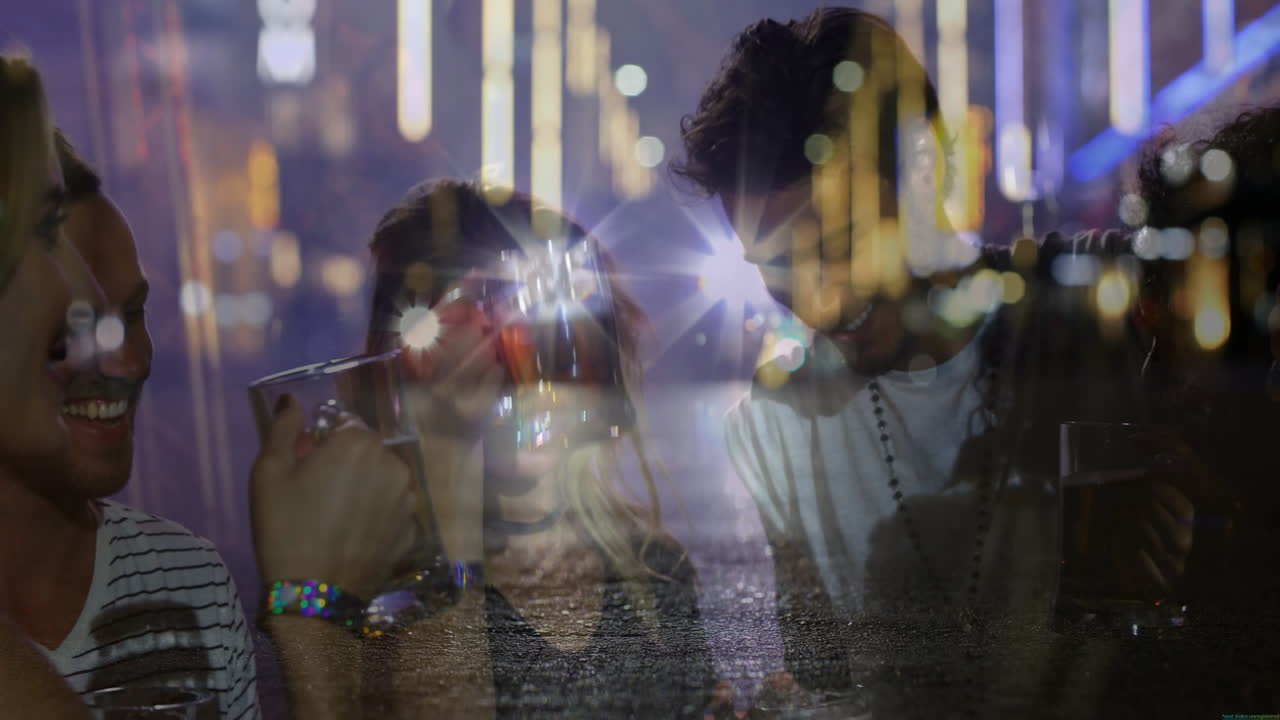 Group friends raising beer mugs by city lights in nightlife marketing, integrating light streaks