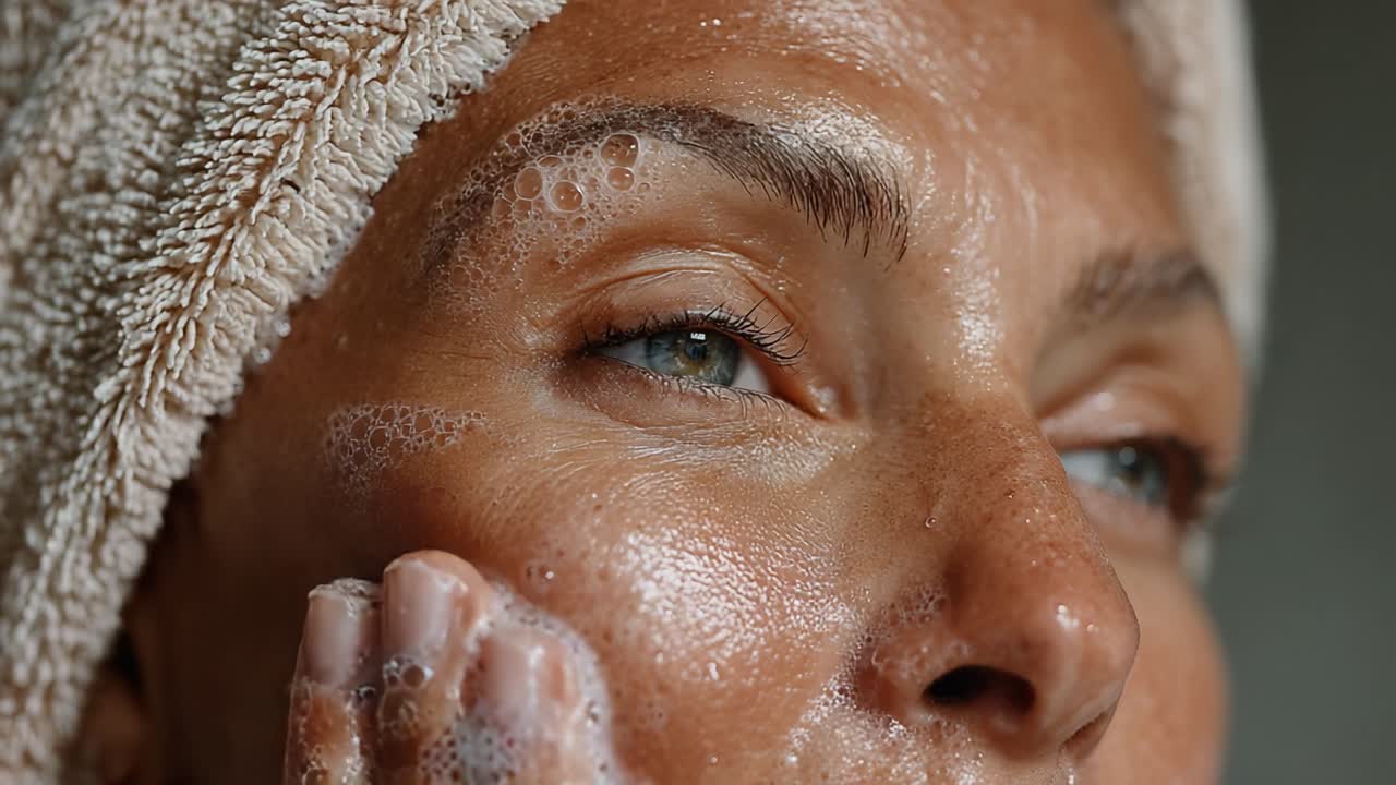 Skincare Routine: Woman Gently Cleansing Her Face with Foaming Cleanser for a Fresh and Radiant Complexion, Emphasizing Hydration and Care