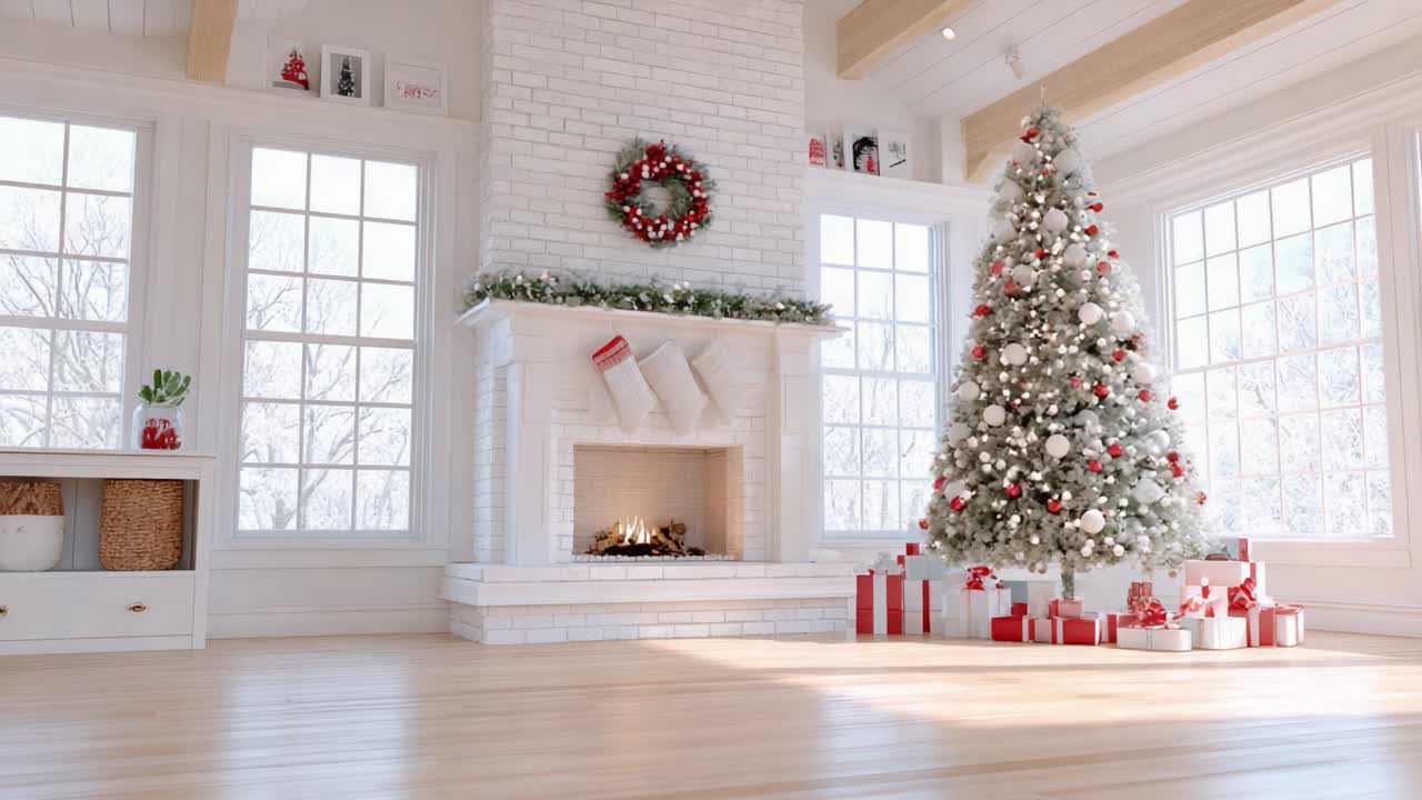 A Cozy Winter Wonderland: Capturing the Warm Ambiance of a Festively Decorated Living Room with a Beautiful Christmas Tree and a Charming Fireplace