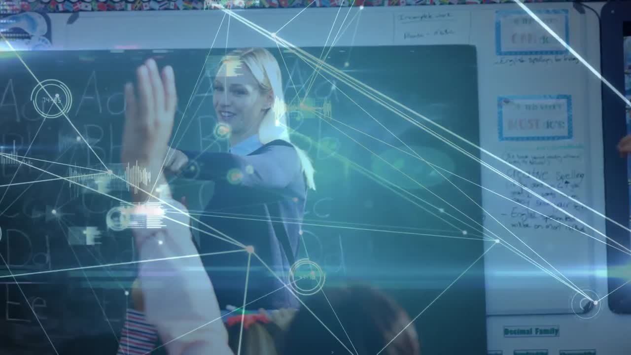 animación de una red de conexiones entre maestros y escolares felices y diversos