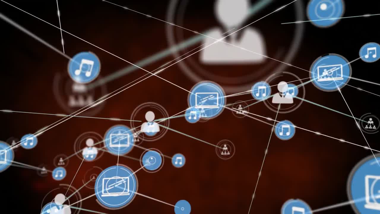 추상적인 배경에 대한 선으로 연결된 여러 아이콘의 애니메이션