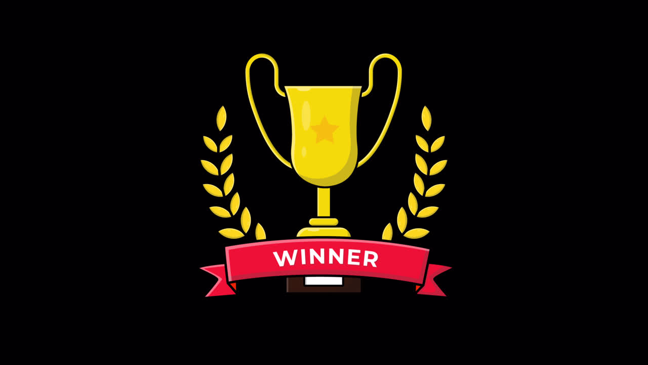 Animated Golden Trophy with Winner Ribbon and Laurel Wreaths
