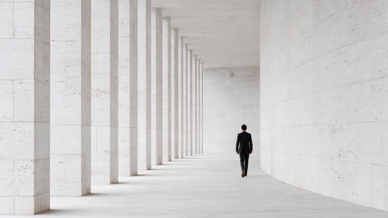 A solitary figure in an expansive white corridor, emphasizing themes of isolation, architecture, and the journey through minimalism in a serene environment