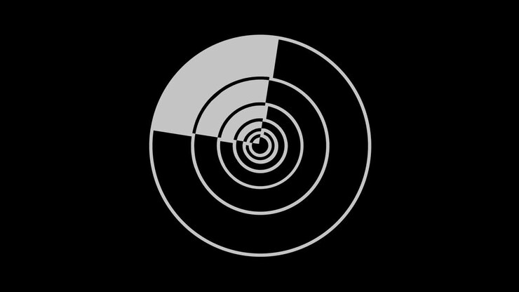 Graphic object in black and white with stroboscopic and hypnotic effect, which rotates clockwise decreasing the size from full screen to disappearing in the center, in 16: 9 video format