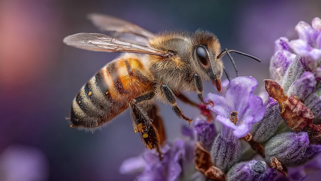 A Close-Up Journey into the Life of a Honey Bee Pollinating a Lavender Flower, Capturing the Intricacies and Beauty of Nature's Essential Workers in Action