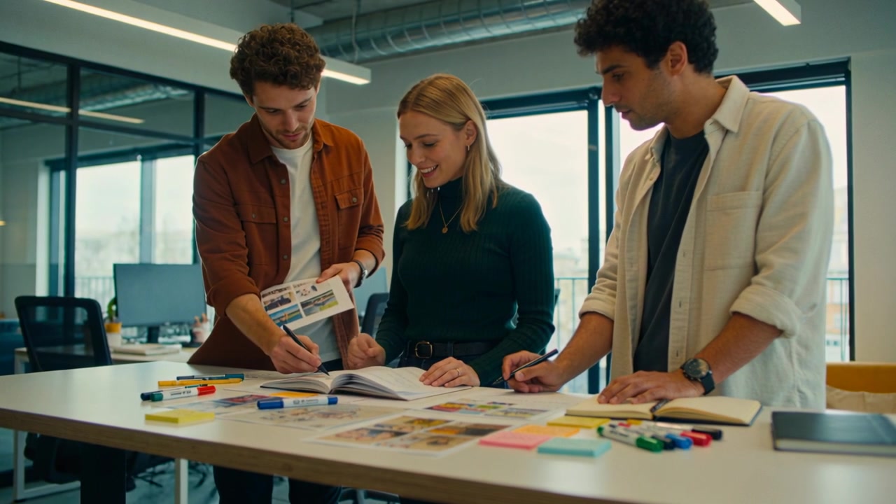Booklet opening starting three team members examining layouts at modern office table, taking notes