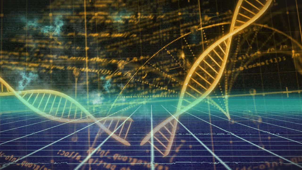 DNA strands and scientific data processing animation over digital grid background