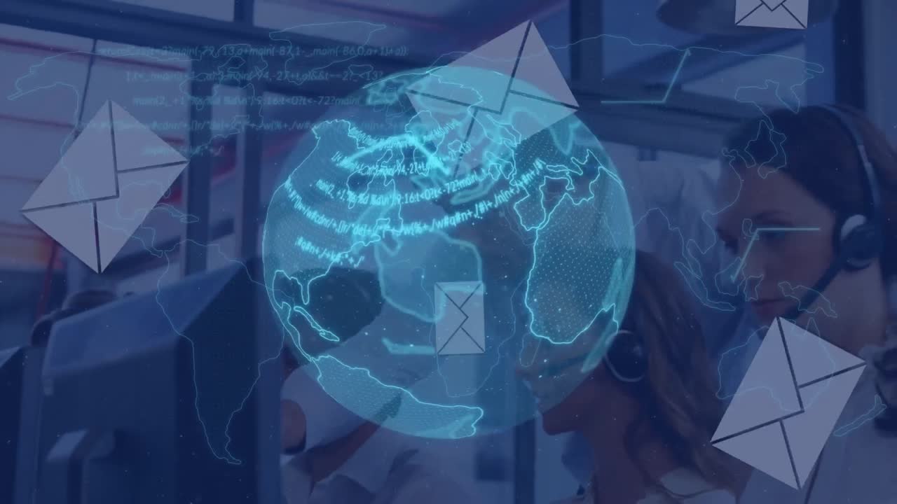 animación del globo sobre la gente de negocios usando auriculares de teléfono