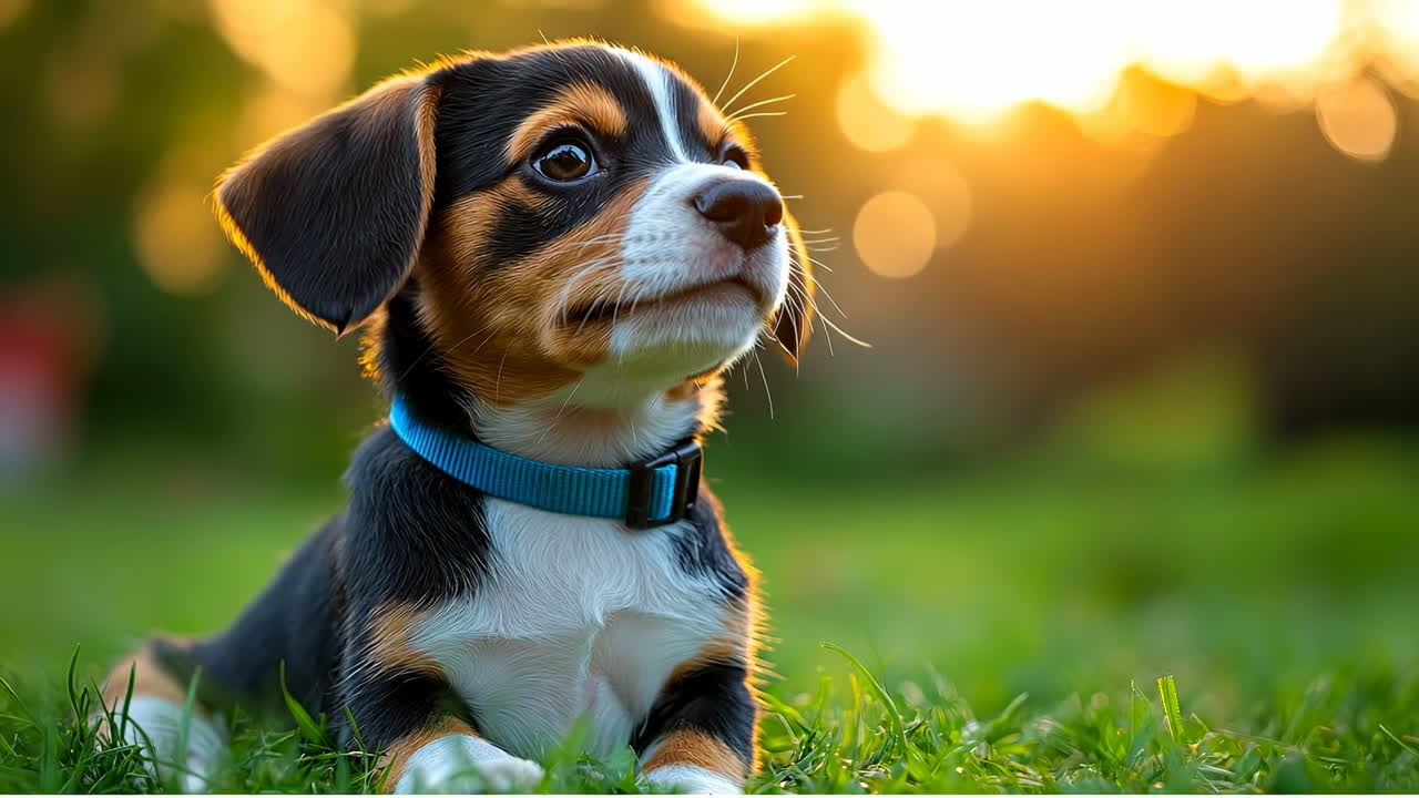 Puppy enjoying sunset outside. A small beagle puppy sits in the grass, curiously watching the sunset and enjoying the warm evening light