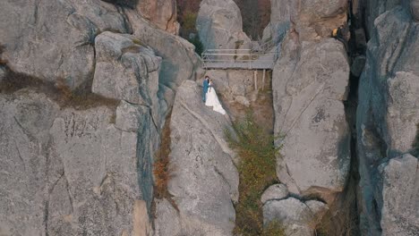 Newlyweds-stand-on-a-high-slope-of-the-mountain.-Groom-and-bride.-Arial-view