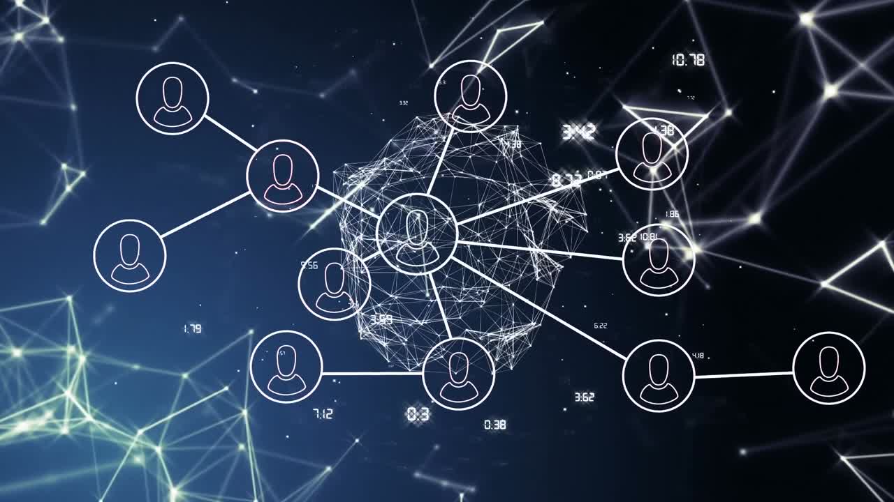 Animation of network of connections with people icons over globe