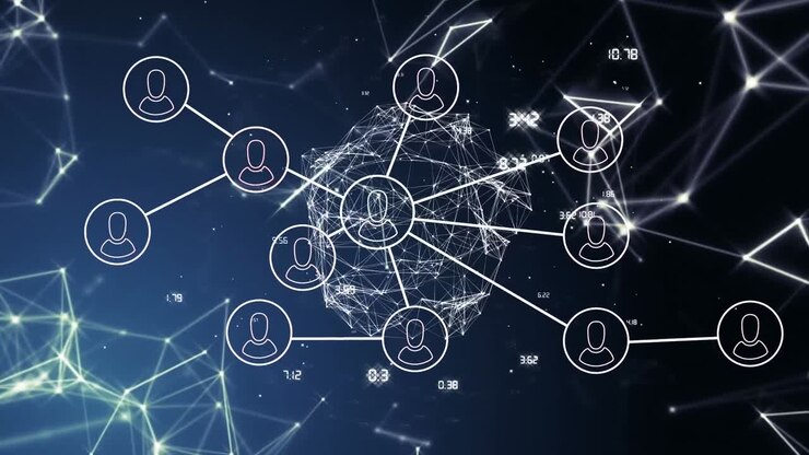 Animation of network of connections with people icons over globe