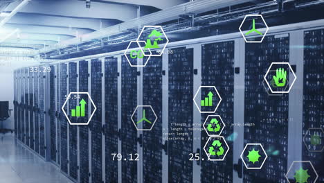 animation of eco icons and digital data processing over computer servers