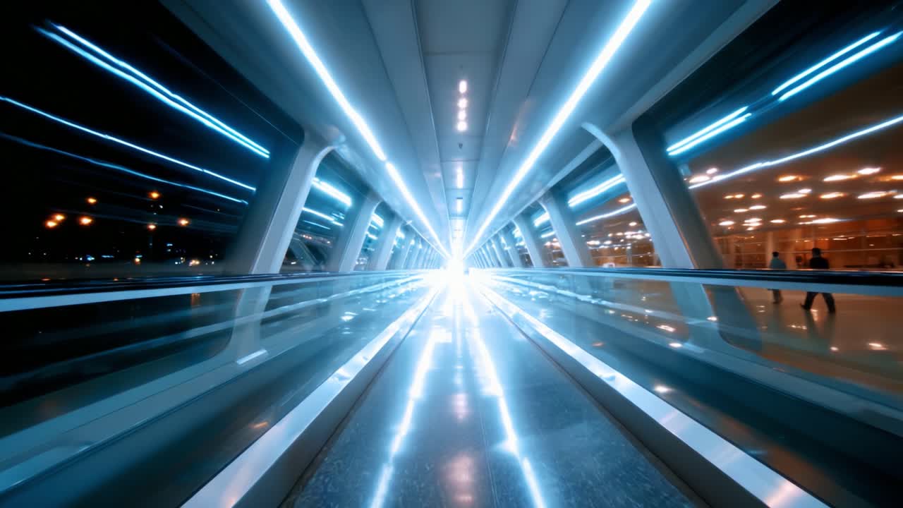 A Stunning Visual Journey Through a Futuristic Transit Corridor as Bright Lights Illuminate the Path Ahead, Creating a Dramatic Contrast Against the Dark Background and Showcasing Modern Architectural Design