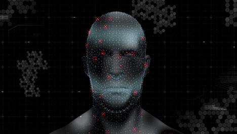 human head model spinning against data processing on black background