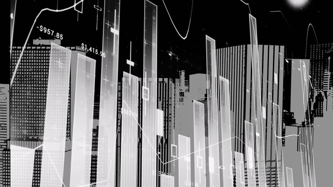 도시 풍경 위의 금융 데이터 처리 애니메이션