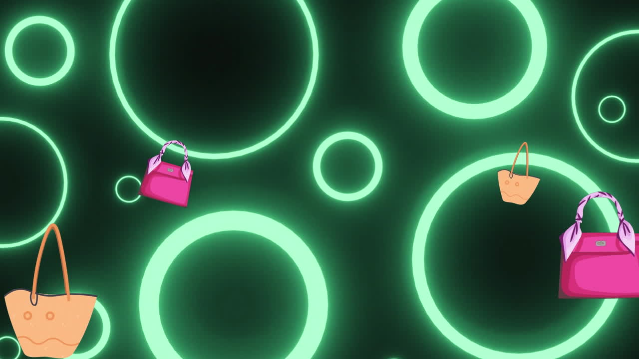 Animación de bolsos de mano sobre círculos brillantes sobre fondo negro.