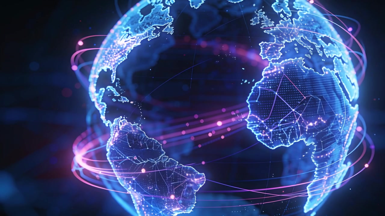 Playing 3D globe rotating in dark void, sending pink pulses on orbital trails, showing data flow