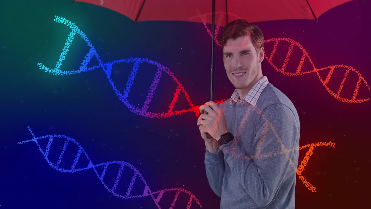 Man wearing smartwatch, holding red umbrella, viewing DNA helix graphics showcasing biotech theme