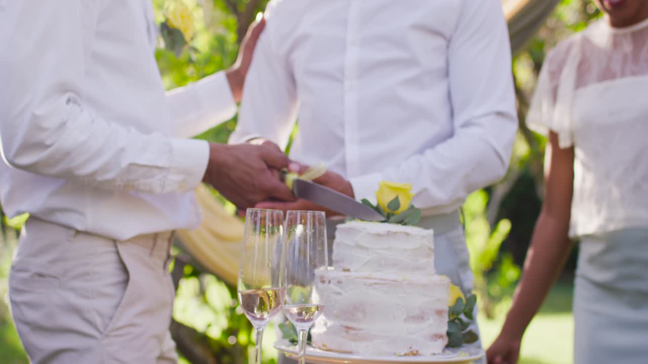 Vertical video: African American men placing hand gripping knife cutting cake at garden party