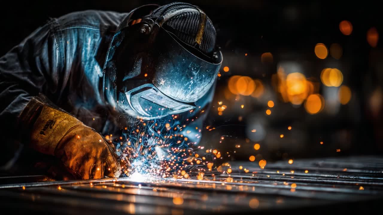 Intense Sparks Fly as a Welder Skillfully Joins Metal, Showcasing Expert Craftsmanship and Precision in the Heart of an Industrial Environment