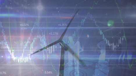 Animation-of-financial-data-and-graph-over-landscape-with-wind-turbines