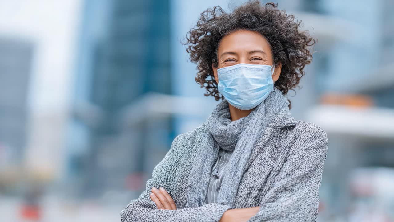Confident Woman Wearing a Mask in Urban Environment: Embracing Health and Safety in Modern Society, Showcasing a Stylish Gray Coat and Positive Attitude