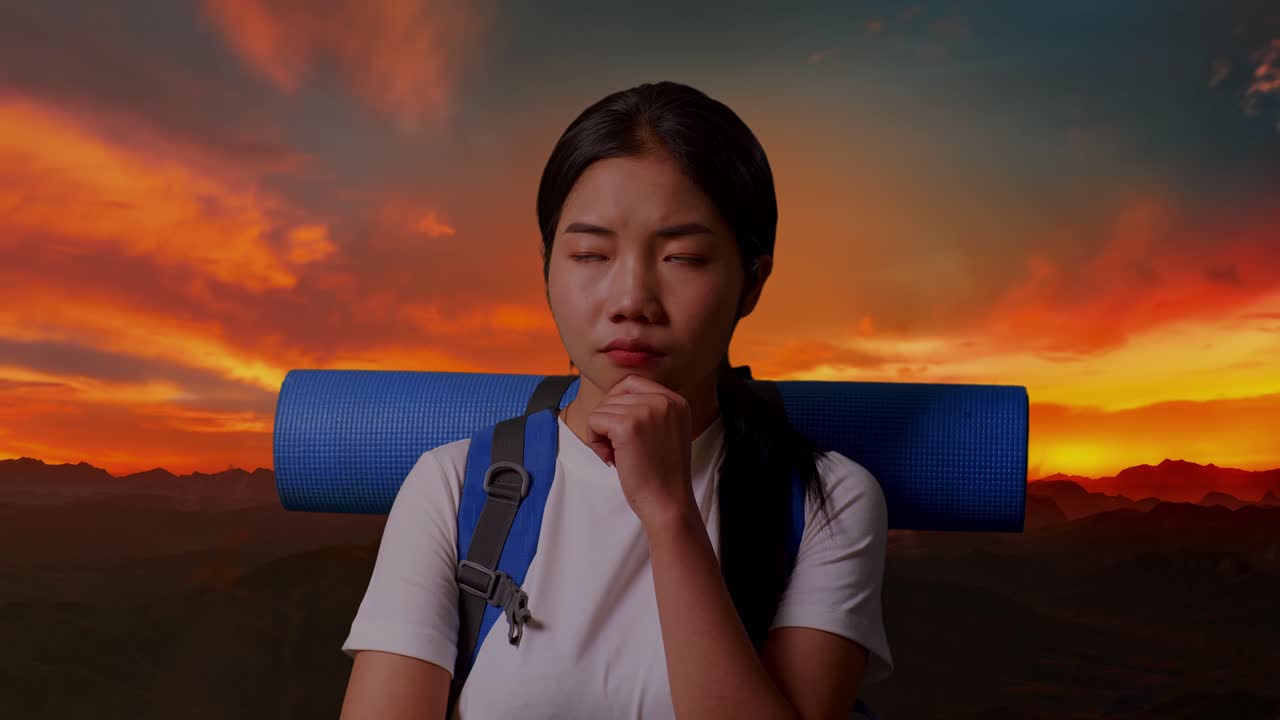 산 위 에서 해가 뜨는 것 을 상 하는 여자 산책자