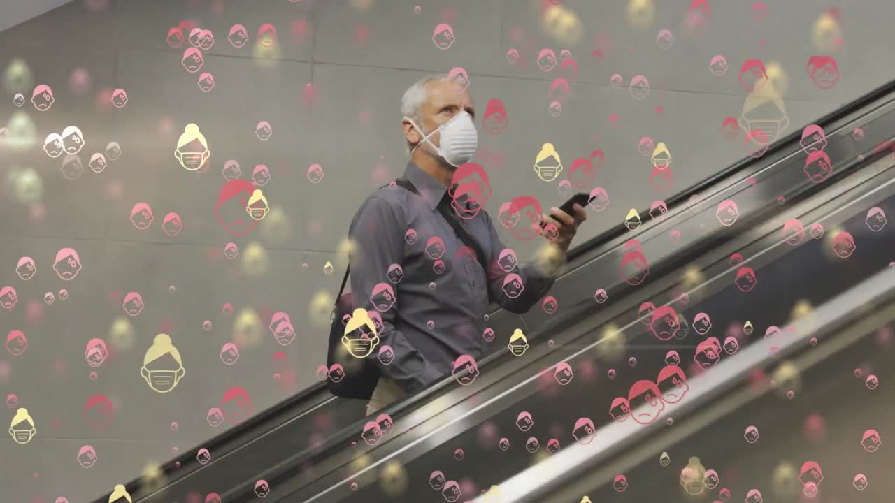 코로나19 아이콘의 애니메이션으로 얼굴 마스크를 쓰고 있는 노인